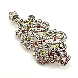 CHRISTMAS TREE Scroll Brooch Silvertone, Crystals